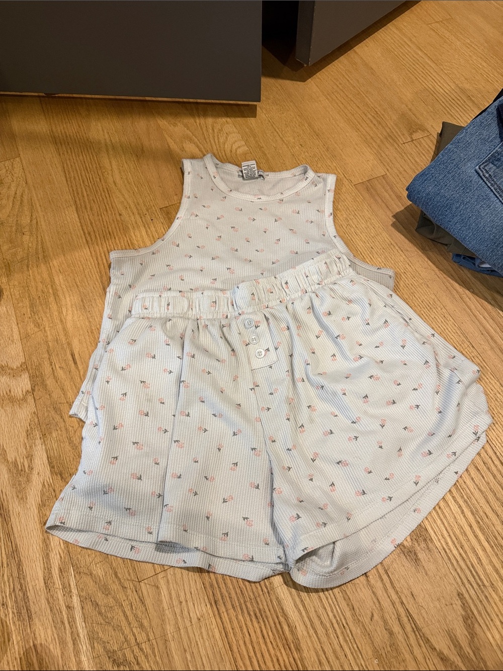 Women’s Light Blue Floral Ribbed Tank & Shorts Pajama Set